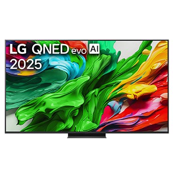 Przedni widok na TV LG QNED evo QNED85, logo AI LG QNED evo w górnym rogu. TV LG QNED evo QNED85 przedstawia kolorowe, przypominające farbę tekstury.
