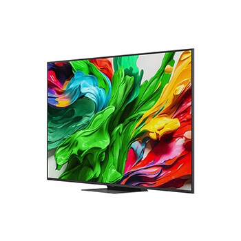 Przedni i boczny widok na LG QNED evo AI 4K Smart TV QNED85 prezentujący jego długość, szerokość, wysokość i głębokość.