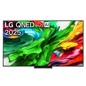 Przedni widok na TV LG QNED evo QNED85, logo AI LG QNED evo w górnym rogu. TV LG QNED evo QNED85 przedstawia kolorowe, przypominające farbę tekstury.