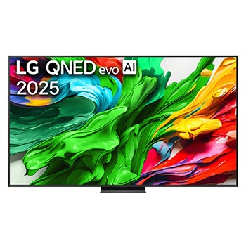 Przedni widok na TV LG QNED evo QNED85, logo AI LG QNED evo w górnym rogu. TV LG QNED evo QNED85 przedstawia kolorowe, przypominające farbę tekstury.