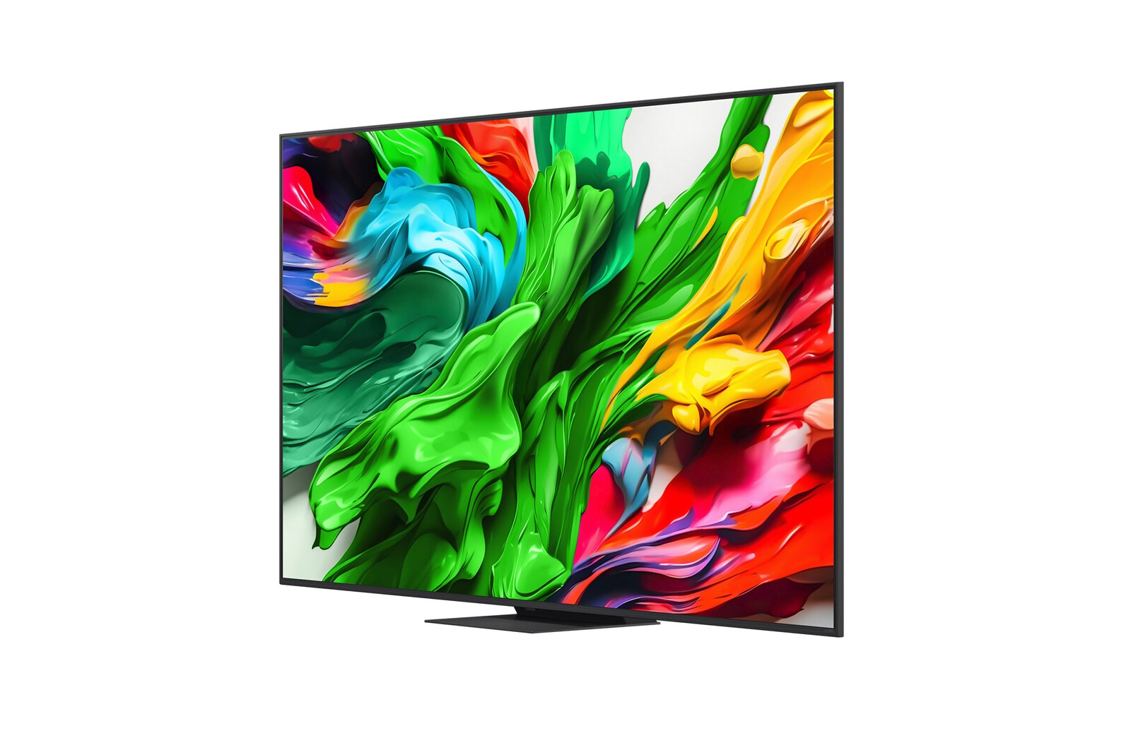 Przedni i boczny widok na LG QNED evo AI 4K Smart TV QNED85 prezentujący jego długość, szerokość, wysokość i głębokość.
