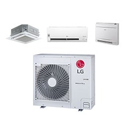 Biała kwadratowa jednostka zewnętrzna LG Multi Split w centrum jest podkreślona trzema różnorodnymi jednostkami wewnętrznymi ułożonymi poziomo powyżej.