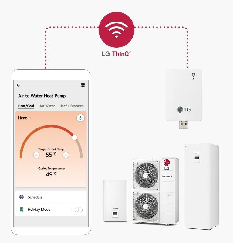 Ekran smartfona z aplikacją LG ThinQ do kontroli temperatury pompy ciepła. Obok znajdują się jednostka zewnętrzna LG, moduł łączności i zbiornik na wodę.