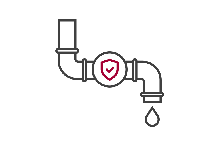 Ikona przedstawiająca rurę z wodą, symbol ochrony z tarczą i kroplą wody na końcu rury.