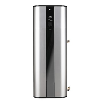 LG HVAC Pompa ciepła do cwu. A tall, stainless steel unit with a black control panel and digital display. It has pipes connected to the bottom.