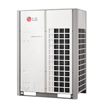 LG HVAC VRF Multi V, z dużą, pionową jednostką klimatyzacyjną, jest prezentowany.