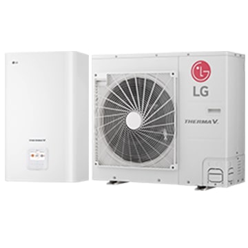 White outdoor unit with fan and LG logo. Indoor unit is also white and has a digital display.