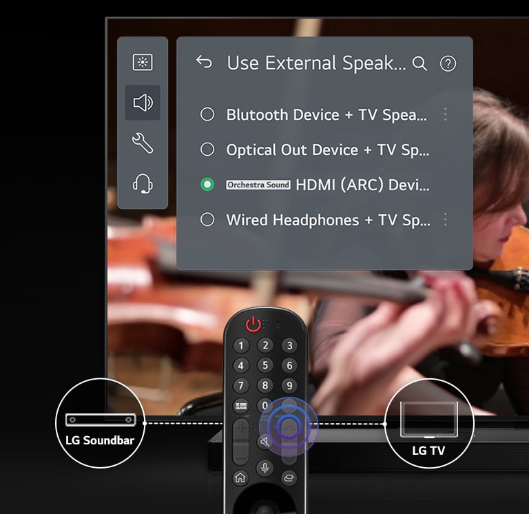 Na ekranie telewizora jest wyświetlony ekran „WOW Interface” z funkcją „WOW Orchestra”. Pod spodem znajdują się obraz pilota i elementy graficzne do łączenia dźwięku z soundbarem lub telewizorem.