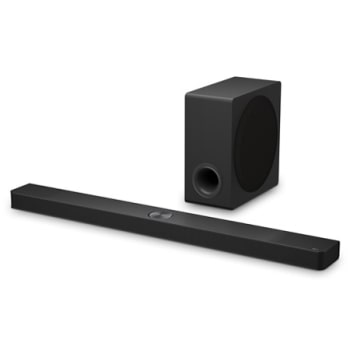 Widok pod kątem pod kątem na LG Soundbar S90TY i subwoofer
