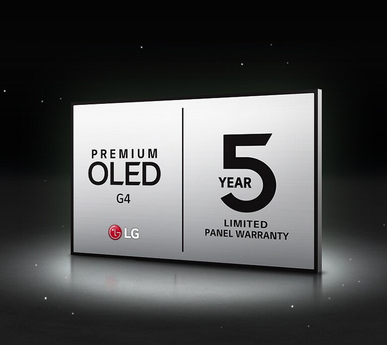 LG OLED Care+ i logo 5-letniej gwarancji na panelu na czarnym tle.