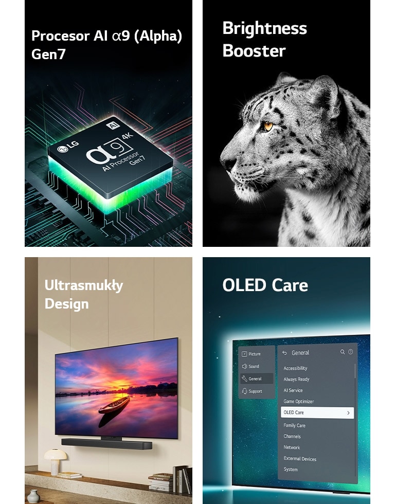 Procesor AI LG alpha 9 Gen7 na płycie głównej, emitujący zielone wiązki światła.  Brightness Booster z bocznym wizerunkiem białego lamparta.  Ultrasmukłe i gotowe do współpracy z soundbarami LG, jako iż mogą zostać ustawione płasko przy ścianie w nowoczesnej przestrzeni mieszkalnej.  OLED TV z menu OLED Care można wybrać w menu pomocy wyświetlanym na ekranie.