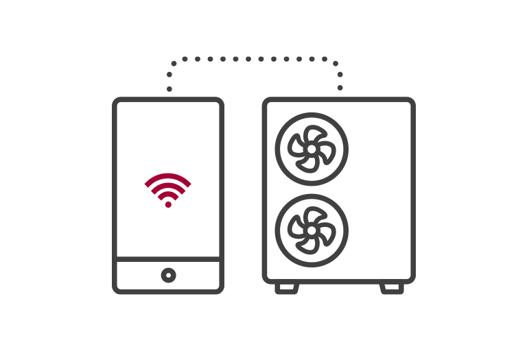 Smartfon pokazujący sygnał WiFi znajduje się po lewej stronie, połączony z pompą ciepła LG typu hydrosplit po prawej stronie za pomocą przerywanej linii.