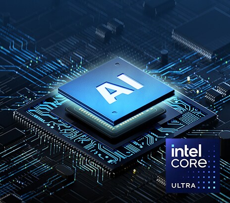 Das Bild zeigt eine Nahaufnahme eines Computerchips mit der Aufschrift „KI“ in der Mitte, umgeben von einer leuchtenden Platine. Der Text oben lautet: „KI-optimierter Prozessor“ und unten rechts befindet sich das Intel Core Ultra-Logo, das die fortschrittlichen KI-Verarbeitungsfunktionen hervorhebt.
