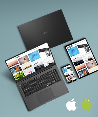 Das Bild zeigt einen LG gram Laptop, ein Tablet und ein Smartphone, die synchronisierte Inhalte anzeigen. Der Text lautet: „LG gram Link – Bleibe immer in Verbindung“ mit Apple- und Android-Logos unten rechts, um die geräteübergreifende Kompatibilität zu betonen.