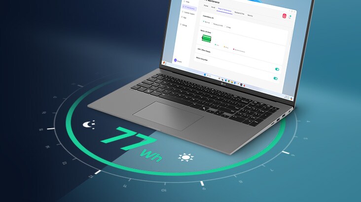 Ein Laptop, auf dessen Bildschirm eine Schnittstelle für den Akkuverbrauch angezeigt wird, umgeben von einer kreisförmigen visuellen Darstellung der Zeit. Der Text „77 Wh“ ist deutlich sichtbar und hebt die Akkulaufzeit hervor.