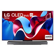 Vista frontal com a LG OLED evo TV, OLED C4, o logótipo do emblema dos 11 anos da OLED número 1 do mundo e o logótipo do webOS Re:New Program no ecrã, assim como a barra de som abaixo