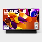 Vista frontal da LG OLED evo AI G4 4K Smart TV de 77 polegadas 2024, OLED77G45LW com as features principais com o emblema dos 11 anos da OLED número 1 do mundo e o logótipo do WebOS