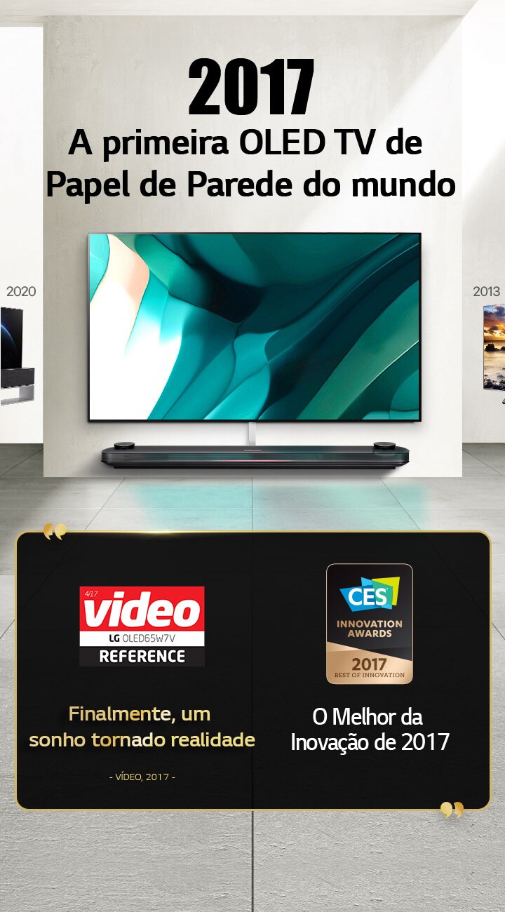 LG TV. O título diz: A primeira OLED TV de Papel de Parede do mundo de 2017. Citações de prémios além disso. Vídeo, finalmente um sonho tornado realidade. Prémio “O Melhor da Inovação” de 2017 dos Prémios de Inovação CES.