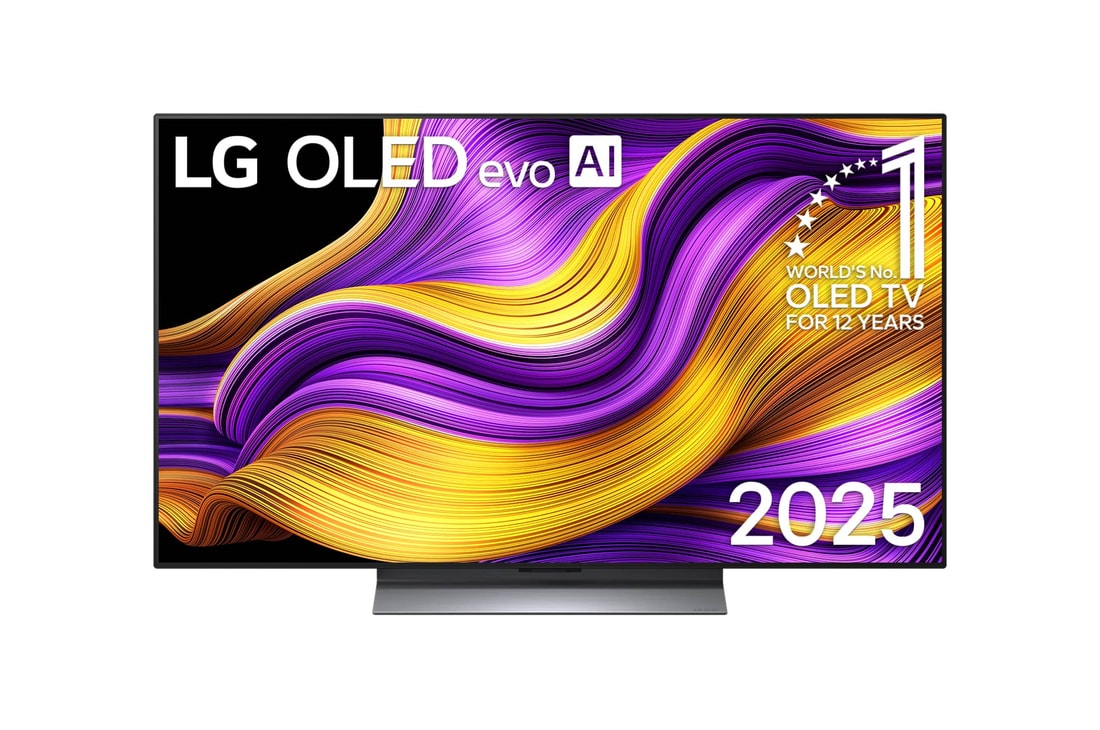 Vista frontal da Smart TV LG OLED evo AI G5 4K. O emblema “OLED número 1 do mundo há 12 anos” e o logótipo LG OLED evo AI 2025 estão no ecrã.