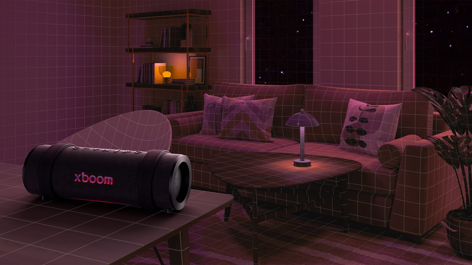 Numa sala totalmente iluminada de cor rosa, um sofá e uma mesa brancos estão colocados atrás. À frente, o xboom Grab está colocado no topo de uma mesa retangular branca.