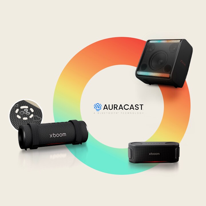 Num círculo com as cores do arco-íris, o xboom Stage 301, Bounce e Grab estão colocados no sentido dos ponteiros do relógio. Junto ao xboom Grab, a imagem do botão Auracast está colocada num círculo.