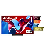 Vista frontal com a LG OLED evo TV, OLED C4, o logótipo do emblema dos 11 anos da OLED número 1 do mundo e o logótipo do webOS Re:New Program no ecrã, assim como a barra de som abaixo
