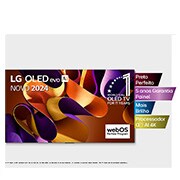 Vista frontal com a LG OLED evo TV, OLED G4, o emblema dos 11 anos da OLED número 1 do mundo e o logótipo da garantia do painel de 5 anos no ecrã