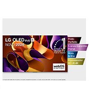 Vista frontal com a LG OLED evo TV, OLED G4, features principais com o emblema dos 11 anos da OLED número 1 do mundo e o logótipo do WebOS