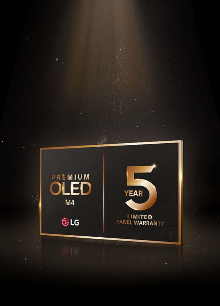 Immagine che riporta i loghi LG OLED Care+ e 5 anni di garanzia sul pannello su uno sfondo nero.