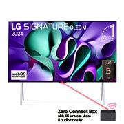 Vista frontal com a LG OLED TV, a ASSINATURA OLED M4 num suporte, o emblema OLED 11 Years of world number 1, o logótipo do programa webOS Re:New, o logótipo da garantia de 5 anos do painel no ecrã e uma Zero Connect Box com transferência de vídeo e áudio sem fios 4K ligada a uma TV e um sinal Wi-Fi a sair da caixa