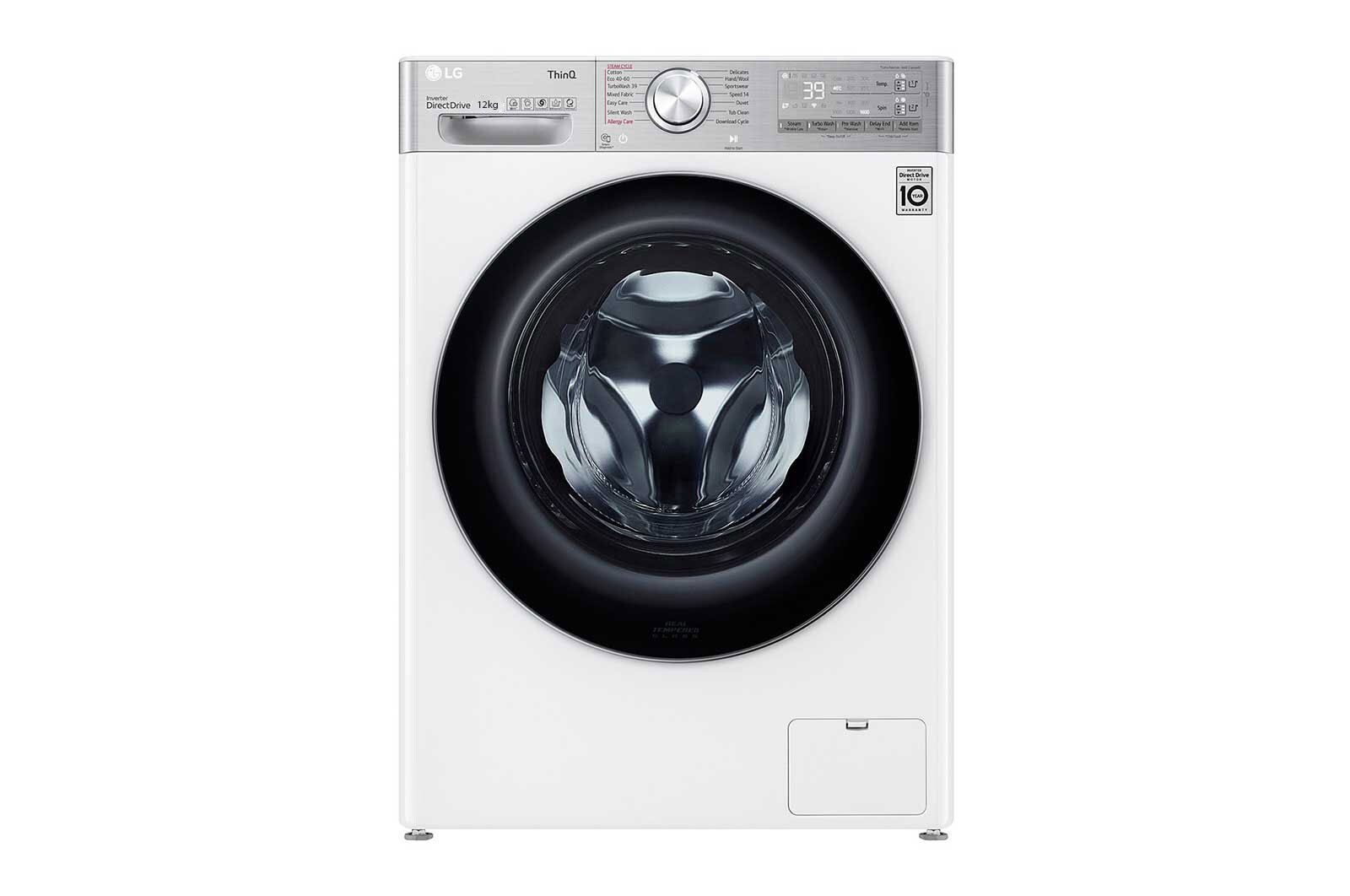 Vista frontal de Máquina de lavar roupa LG F4WV9512P2W, 12 kg, eficiência energética A, 1400 r.p.m., AI DD™, Steam&#43;™, TurboWash360™, ezDispense™, branco F4WV9512P2W