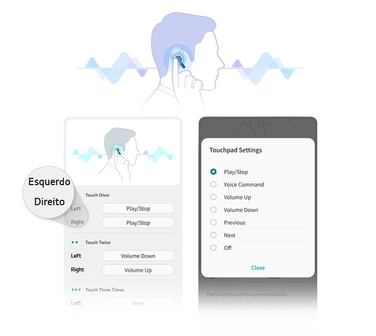 Ilustração da vista lateral de um homem a tocar nos auriculares na orelha. Os ecrãs da UI da aplicação mostram que as pessoas podem ajustar a definição do touchpad para os auriculares esquerdo e direito.