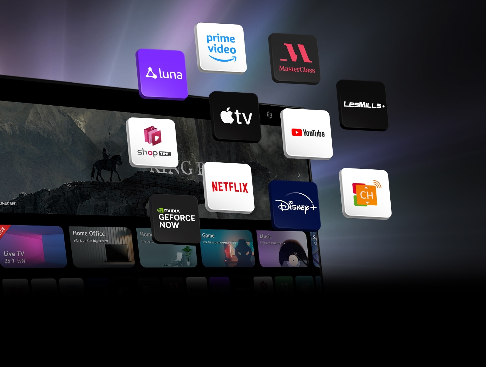  &quot;O ecrã webOS da TV LG está em segundo plano e onze blocos estão a flutuar sobre o mesmo. Cada bloco tem um logótipo de Luna, Prime Video, Master Class, Les Mills, YouTube, Apple TV plus, Shoptime, Netflix, Disney plus, GeForce NOW e LG Channels.&quot;