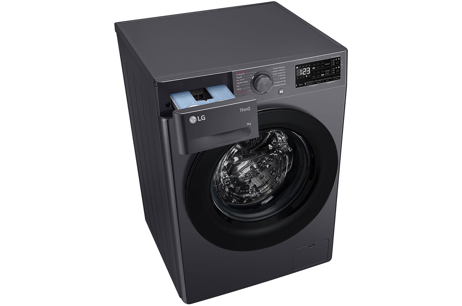 Top perspective view with detergent port open