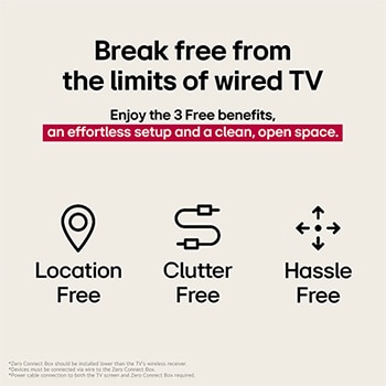 ثلاثة رموز تمثل المزايا المجانية الثلاثة من تلفزيون LG True Wireless TV. تلفزيون لا يشغل مساحة، ويخلصك من فوضى الأسلاك، وسهل التعامل والتركيب. يشير النص إلى التحرر من حدود التلفزيون السلكي والاستمتاع بإعداد سهل ومساحة مفتوحة ونظيفة.