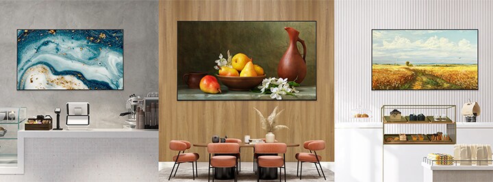 تُظهر هذه الصورة شاشات عرض في مساحات متعددة تعرض أعمالاً فنية مختلفة باستخدام ميزة Art Lounge، لإضفاء أجواء متنوعة ومتميزة.