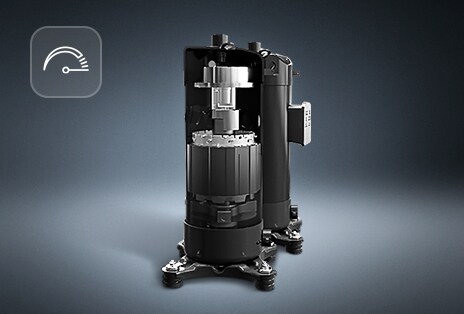 لقطة مقطوعة للضاغط العاكس (LG Inverter Compressor). في الزاوية العلوية اليسرى، توجد أيقونة مقياس ترمز إلى السرعة.