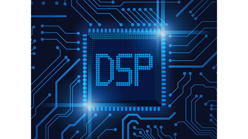 توضيح معالجة الإشارات الرقمية (DSP) في لوحة دائرة مضاءة بالضوء الأزرق.