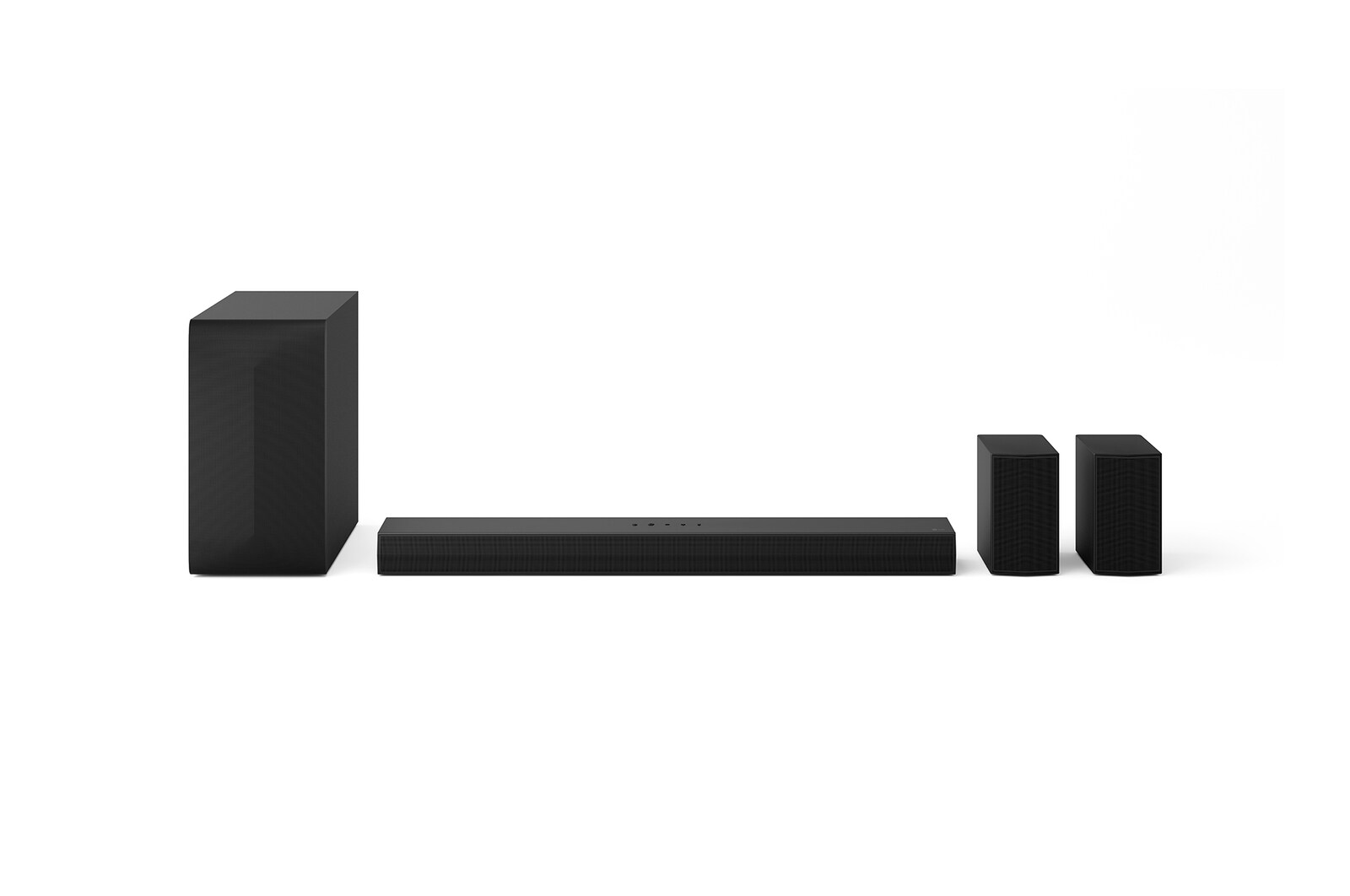 Front view of LG Soundbar S65TR, subwoofer, and Rear Speakers