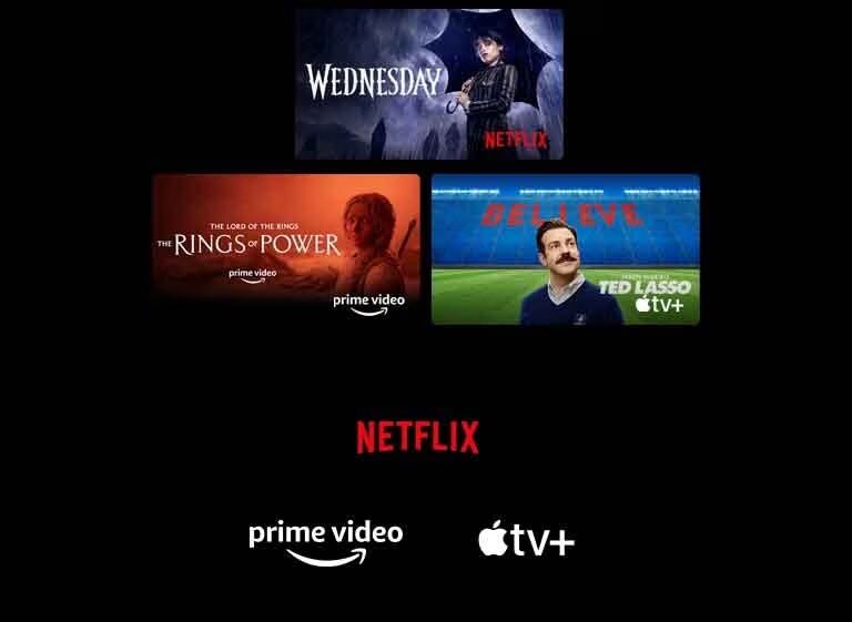 ملصق لمسلسل Wednesday من Netflix وThe Rings of Power من Prime Video و Ted Lasso من Apple TV Plus.