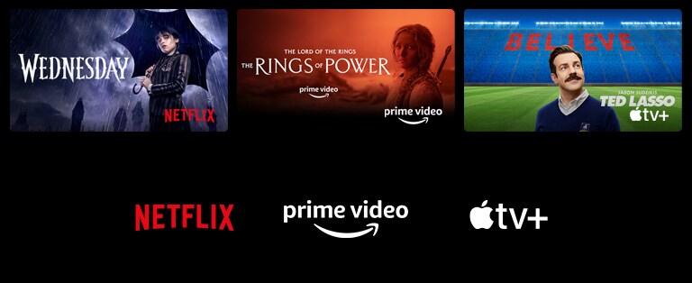 ملصق لمسلسل Wednesday من Netflix وThe Rings of Power من Prime Video و Ted Lasso من Apple TV Plus.