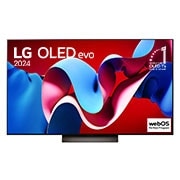 صورة أمامية لتلفزيون LG OLED TV وOLED C4 وشعار OLED Emblem رقم 1 على مستوى العالم لمدة 11 عامًا وشعار نظام التشغيل webOS Re:New Program على الشاشة