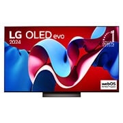 صورة أمامية لتلفزيون LG OLED TV وOLED C4 وشعار OLED Emblem رقم 1 على مستوى العالم لمدة 11 عامًا وشعار نظام التشغيل webOS Re:New Program على الشاشة