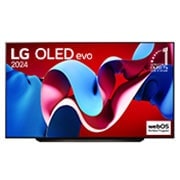 صورة أمامية لتلفزيون LG OLED TV وOLED C4 وشعار OLED Emblem رقم 1 على مستوى العالم لمدة 11 عامًا وشعار نظام التشغيل webOS Re:New Program على الشاشة