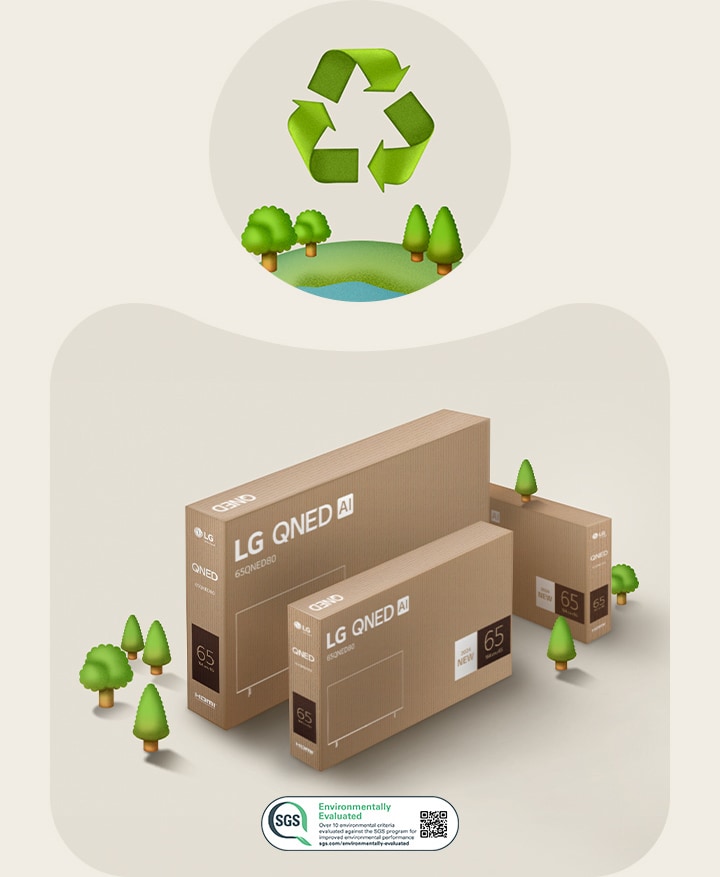 LG QNED packaging against a beige background with illustrated trees. 