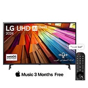 صورة أمامية لتلفزيون LG UHD TV، طراز UT80 وعلى شاشته يظهر النص LG UHD AI ThinQ، لعام 2024، وشعار webOS Re:New Program