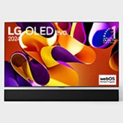 صورة أمامية لتلفزيون LG OLED evo TV وOLED G4 وتلفزيون OLED Emblem رقم 1 على مستوى العالم لمدة 11 عامًا وشعار الضمان الذي لمدة 5 سنوات على الشاشة، بالإضافة إلى مكبر الصوت Soundbar بالأسفل
