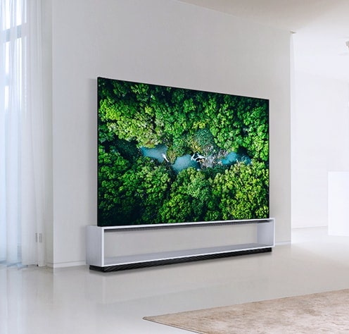 يقع LG SIGNATURE OLED 8K في غرفة المعيشة ذات الطراز البسيط.