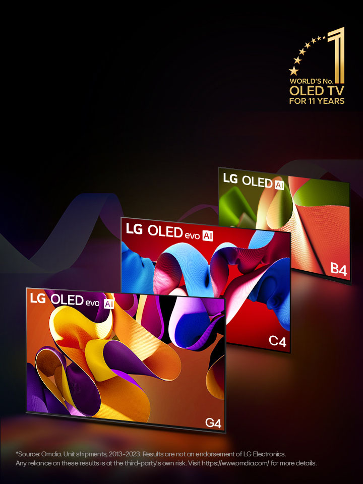 LG OLED evo TV C4, evo G4, and B4 standing in a line against a black backdrop with subtle swirls of color. The "World's number 1 OLED TV for 11 Years" emblem is in the image.  A disclaimer reads: "Source: Omdia. Unit shipments, 2013 to 2023. Results are not an endorsement of LG Electronics. Any reliance on these results is at the third party’s own risk. Visit https://www.omdia.com/ for more details."