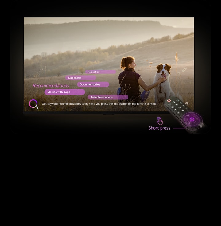 An LG AI TV displays an image of a woman and a dog in a vast field. At the bottom of the screen, the text "Get keyword recommendations every time you press the mic button on the remote control." is displayed next to a pink-purple circle graphic. Pink bars show the following keywords as recommendations: Dog shows, Animal animations, Documentaries, Movies with dogs, and Relaxation. In front of the LG AI TV, the LG Magic Remote is pointed toward the TV with neon purple concentric circles around the mic button. Next to the remote, a graphic of a finger pressing a button and the text "Short press" are displayed.	